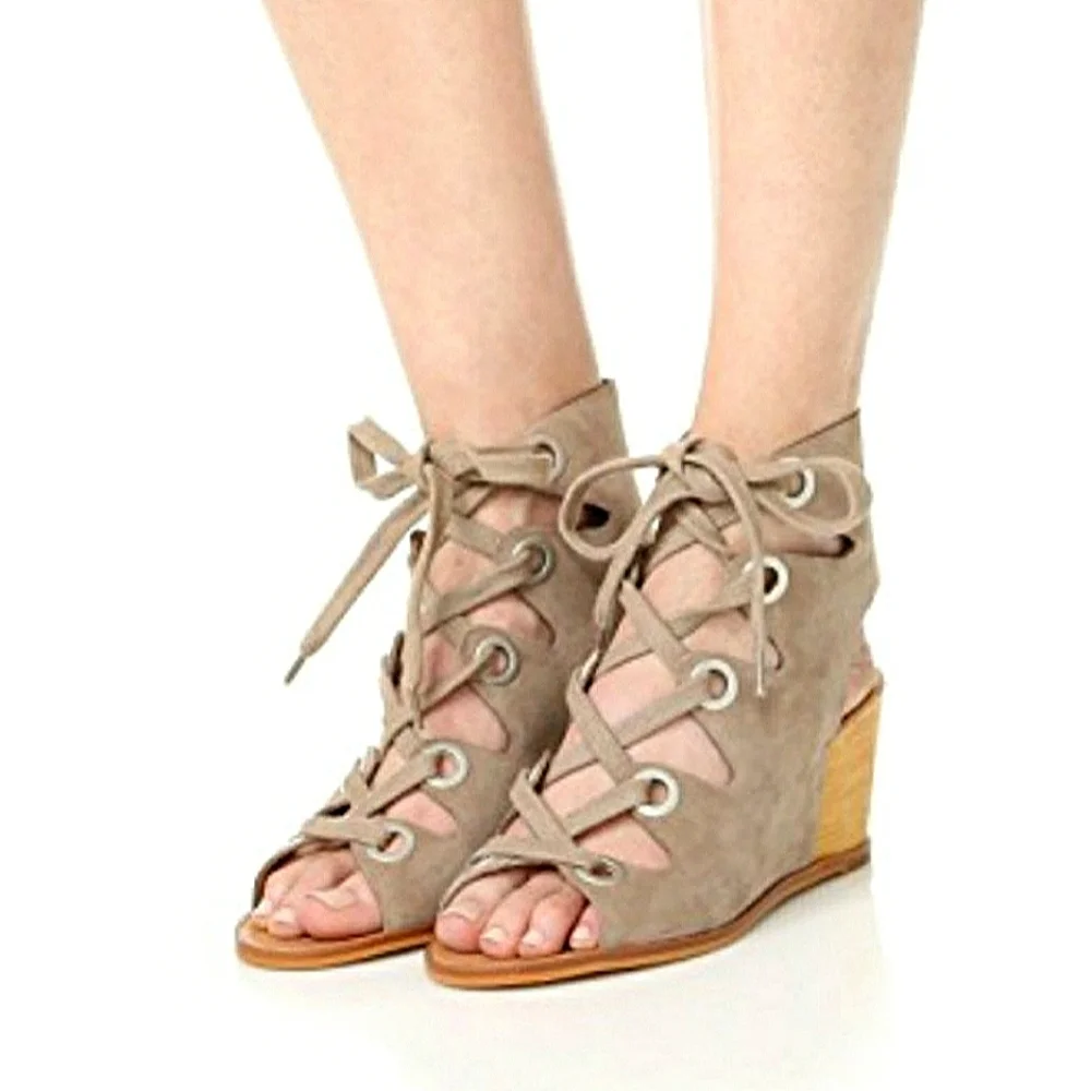 Dolce Vita Lei leather suede Boho Ghillie lace up wooden wedge heel open shoe
